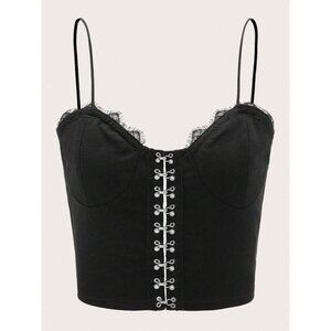 Gothic Girl Black‎ Sleeveless Lace-Up Bustier Crop Top With Spaghetti Straps